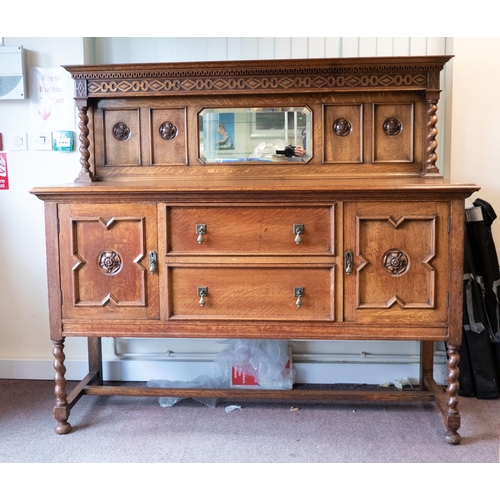 654 - Large Oak Mirror Backed Side Board with carved Lancaster Rose Decoration, length 168cm, depth 58cm &... 