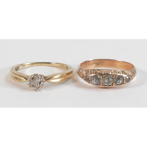 785 - 9ct gold ring set with 5 white stones, size K/L,1.8g and 9ct gold diamond ring, size N,1.9g. (2)