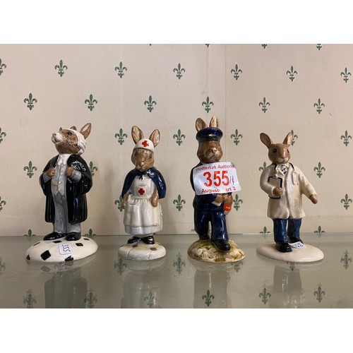 355 - Royal Doulton Bunnykins figures to include Postman Db76, Doctor Db181, Nurse Db74 & Lawyer Db214(4)