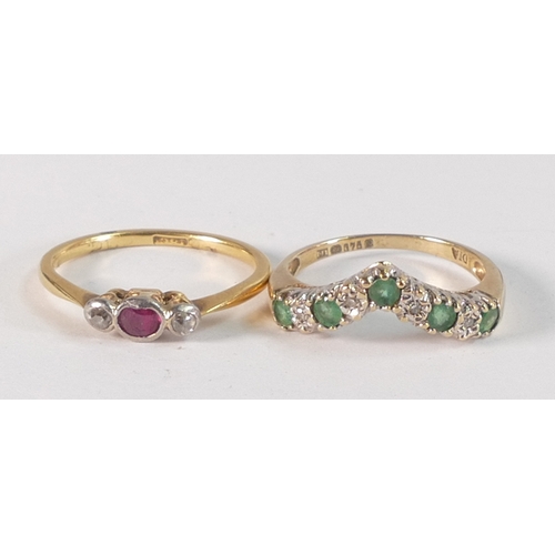 802 - Two 18ct gold rings, one set with 5 emeralds, size J, 2g and the other set with ruby,size L, 1.9g