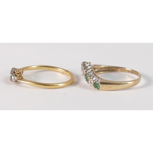 802 - Two 18ct gold rings, one set with 5 emeralds, size J, 2g and the other set with ruby,size L, 1.9g