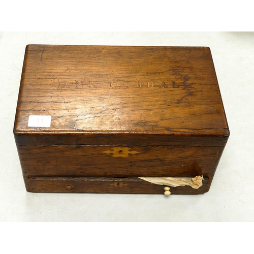 11 - 19th Century Inlaid Jewellery Box with the Inlaid Name Anne Cordal, length 35cm