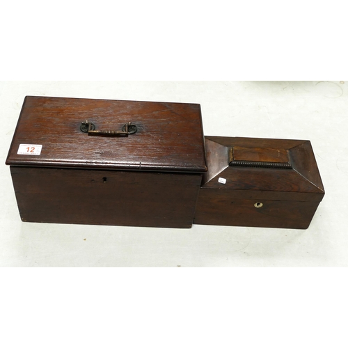 12 - 19th Century Distressed Tea Caddy & similar handled box, length of largest 33cm(2)