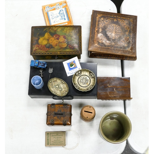 13 - A mixed collection of items to include Inlaid 19th Century Jewellery Casket, tin boxes silver plated... 