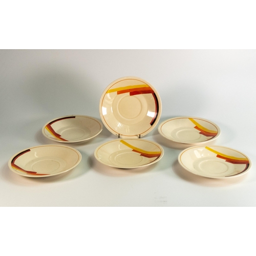 52 - Set of Six Bizarre Clarice Cliff Art Deco Saucers, diameter 17cm(6)