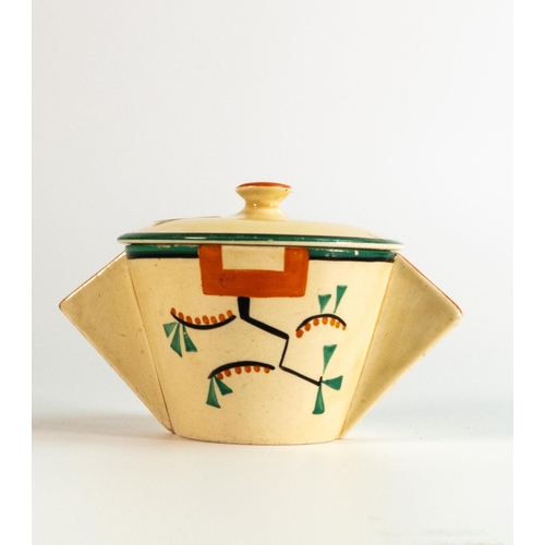 53 - Clarice Cliff Ravel Patterned Lidded Pot, decorated with geometric designs, height 10cm