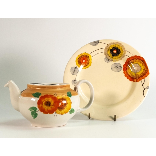 67 - Clarice Cliff Bizarre Rhodanthe Style Teapot & side plate in the Tresco design, diameter of plate 20... 