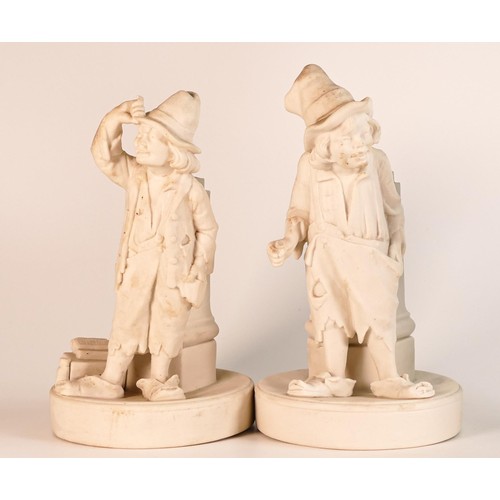 843 - Rare pair of W.H. Goss Parian large figures of poor boys standing next to post box, inscribed to rea... 