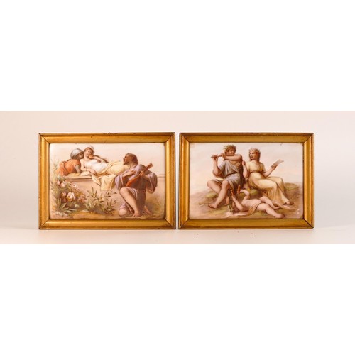 845 - Pair of continental 19th century rectangular porcelain plaques, both with romantic musical scenes. 1... 