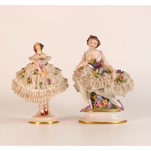 847 - Two Volkstedt Dresden lace figures, early 20th century, in the form of ballerinas. The larger exampl... 