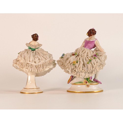 847 - Two Volkstedt Dresden lace figures, early 20th century, in the form of ballerinas. The larger exampl... 