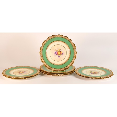 850 - Set of eight Paragon hand painted plates decorated with fruits with a gilt and green border. All sig... 