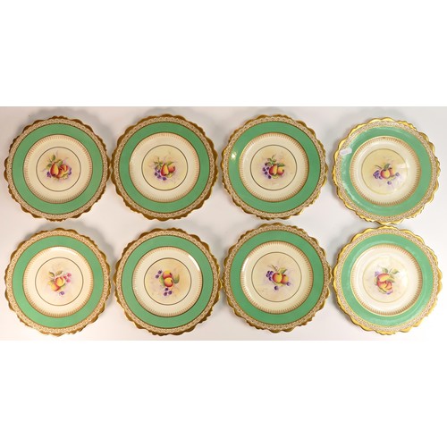 850 - Set of eight Paragon hand painted plates decorated with fruits with a gilt and green border. All sig... 