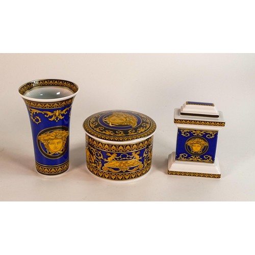 858 - Rosenthal Versace Medusa small flared vase, small mantle clock and lidded trinklet box. Height of ta... 