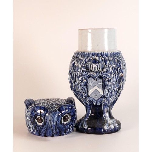 869 - Dutch Delft blue and white tobacco jar and cover, faint mark DSK to base. Modelled as an owl, the co... 