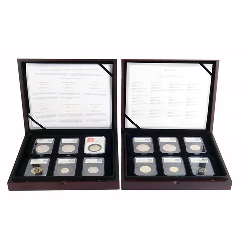 2052 - Two wooden cases containing 12 x brilliant uncirculated UK coins encapsulated / slabbed, including £... 