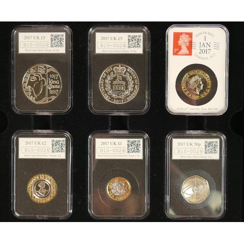 2052 - Two wooden cases containing 12 x brilliant uncirculated UK coins encapsulated / slabbed, including £... 