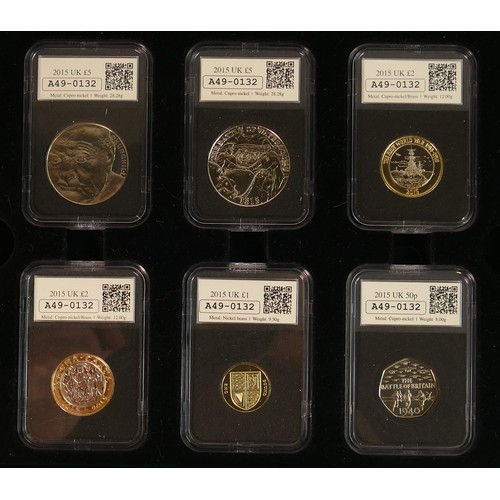 2052 - Two wooden cases containing 12 x brilliant uncirculated UK coins encapsulated / slabbed, including £... 