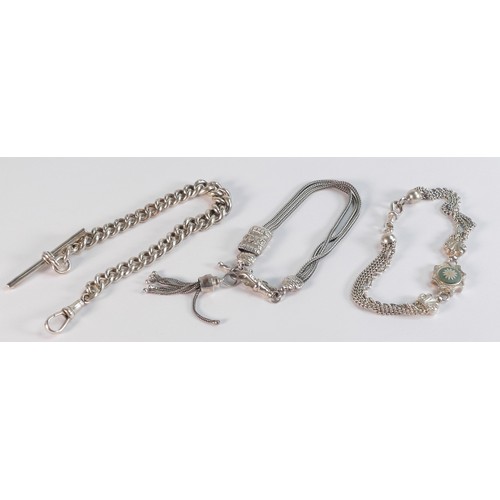 Heavy hallmarked silver watch chain, together with two silver Albertina ...
