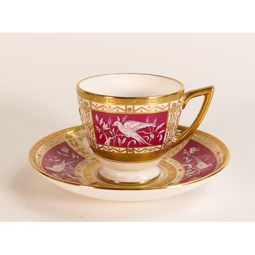 Minton Pate-sur-Pate Demitasse cup & saucer, pattern H5103 on ruby
