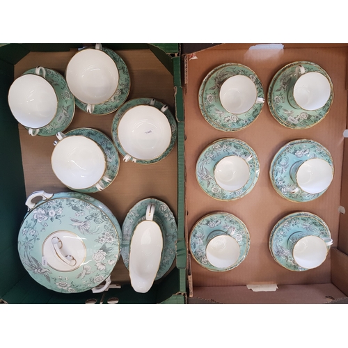 3 - Royal Worcester Tea and dinner ware items in a pale green floral avian pattern to include 6 trios, l... 