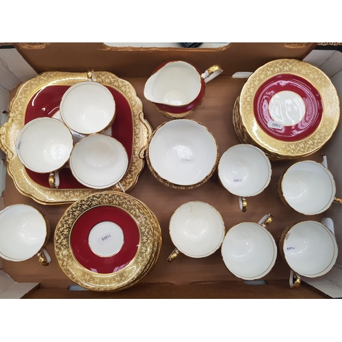 8 - Aynsley burgundy and gold gilt tea ware items to include 9 cups (1 a/f) 11 saucers, 12 side plates, ... 