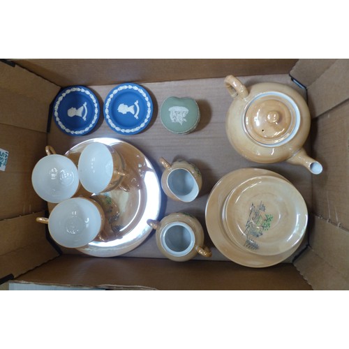 505 - An Oriental Unity branded part tea set, together Wedgwood jasperware items (1 tray).