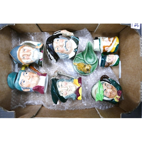 445 - Royal Doulton small character jugs to include Pied Piper, Sairy Gamp, Sancho Panca , Don Quixote tog... 