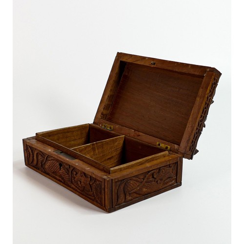 449 - Early 20th century wood box, carved all around with dragons, small piece of carving missing top left... 