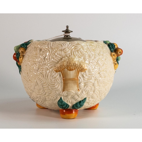 451 - Clarice Cliff Embossed Celtic Harvest Biscuit Barrel, damage to base, height 14cm