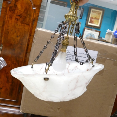 227 - Edwardian frosted glass ceiling light with chains. Diameter of shade 40cm ( chip on top rim)