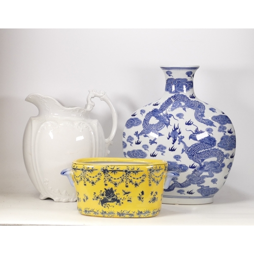 230 - Large modern Chinese moon flask, floral decorated planter and a large white jug ( hairline crack)