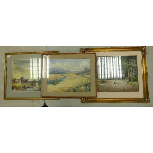 240 - Three Framed Watercolour Paintings; to include E. J. B. Evans 'Trentham Wood', A Lowtide Harbour Sce... 