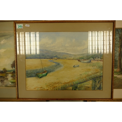 240 - Three Framed Watercolour Paintings; to include E. J. B. Evans 'Trentham Wood', A Lowtide Harbour Sce... 