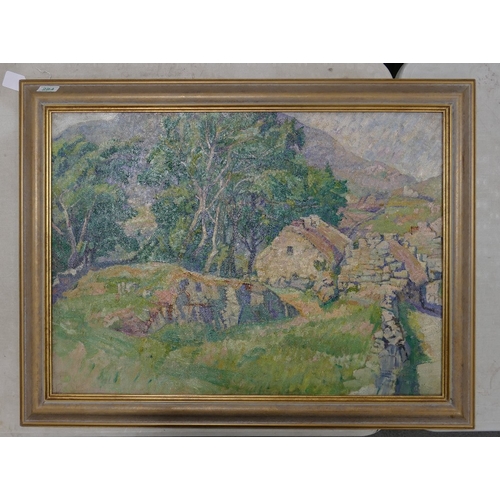 284 - Large Framed Oil on Canvas depicting rural landscape with cottages, rolling hills and mountainous ba... 