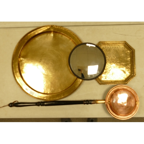 293 - Large Brass Indian Wall Charger, similar smaller tray, copper bed pan & small convex mirror, diamete... 