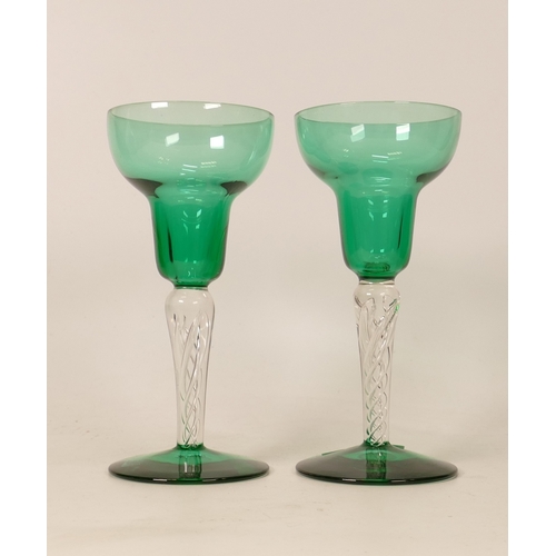 300 - Pair Mid Century Green Glass Candlesticks, height 15.5cm(2)