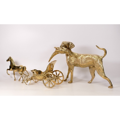 313 - Brass Gun Dog Ornament & similar Horse & Carriage Figure (2)