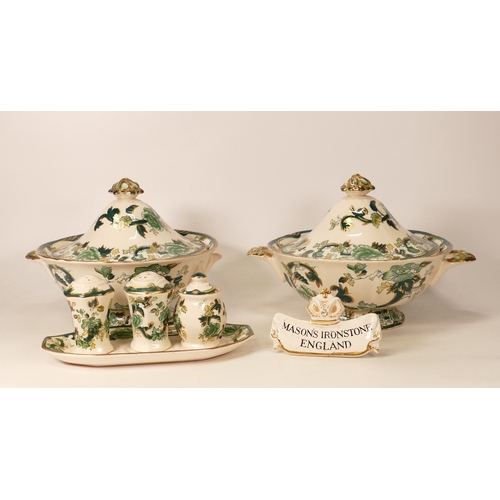 326 - Masons Chartreuse patterned items to include tureens, name plaque, condiment set