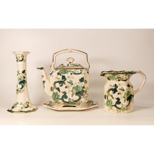 327 - Masons Chartreuse patterned items to include Large teapot & stand, candlestick & water jug, tallest ... 