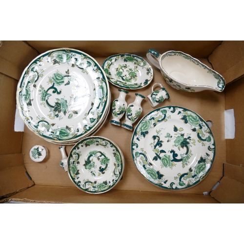 328 - Masons Chartreuse patterned items tto include dinner plates x 6, bowls x 6, sauce boat, salad plates... 