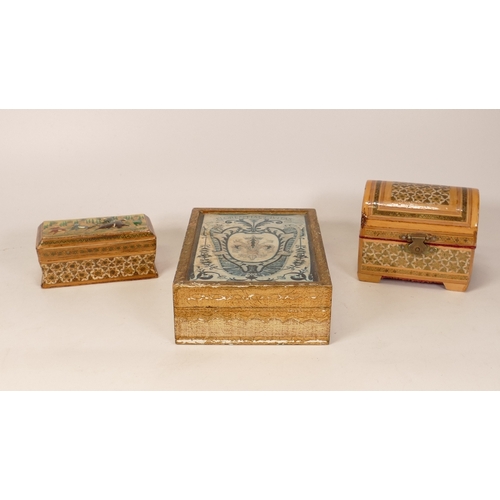 343 - Three items of treen to include two small inlaid middle eastern boxes and one Italianate lidded box ... 