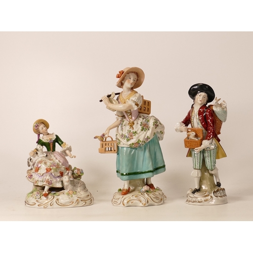 395 - Three Sitzendorf Porcelain Figures to include a Street Vendor selling bunnies, a larger female figur... 