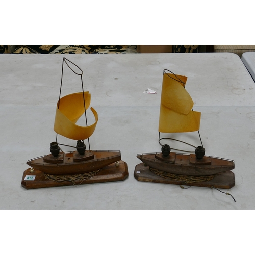 412 - Mid Century Wooden Sailing Boat Table Lamps, largest length of base 39cm(2)