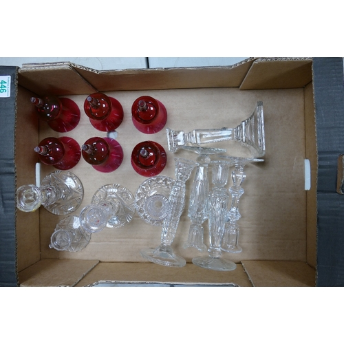 446 - A Mixed Collection of Glass Items to include Six Cranberry Bell Shaped items and Nine Glass Candlest... 