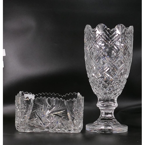 514 - Vintage Bohemian crystal square fruit bowl ( small chip above one star on side) together with a larg... 