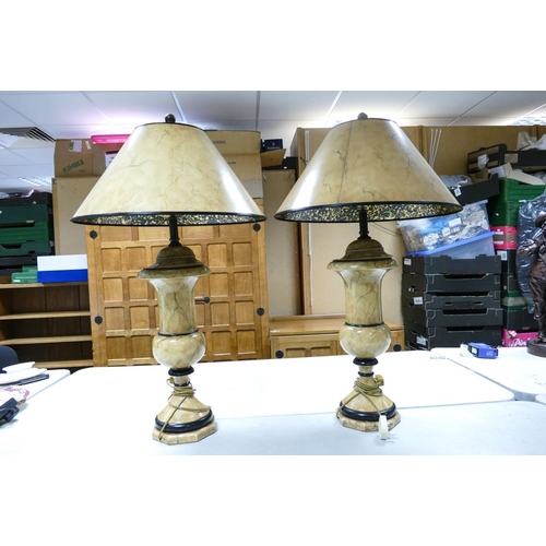 521 - A pair of Venetian marble effect lamp bases with matching shades. Height to top of shade 89cm approx