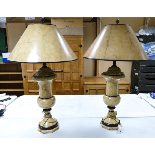 521 - A pair of Venetian marble effect lamp bases with matching shades. Height to top of shade 89cm approx