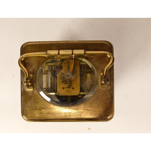 727 - 19th century brass carriage clock, in original leather travelling case, with keys and spare platform... 