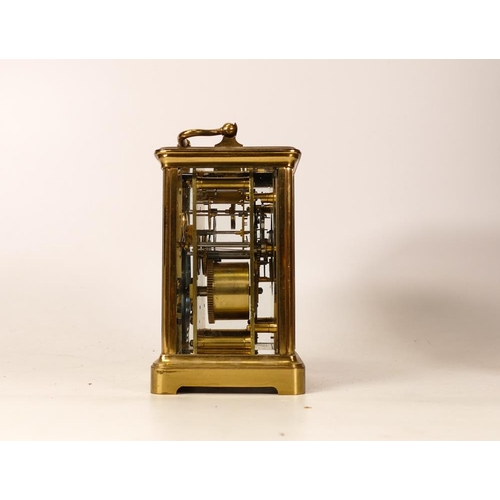 727 - 19th century brass carriage clock, in original leather travelling case, with keys and spare platform... 